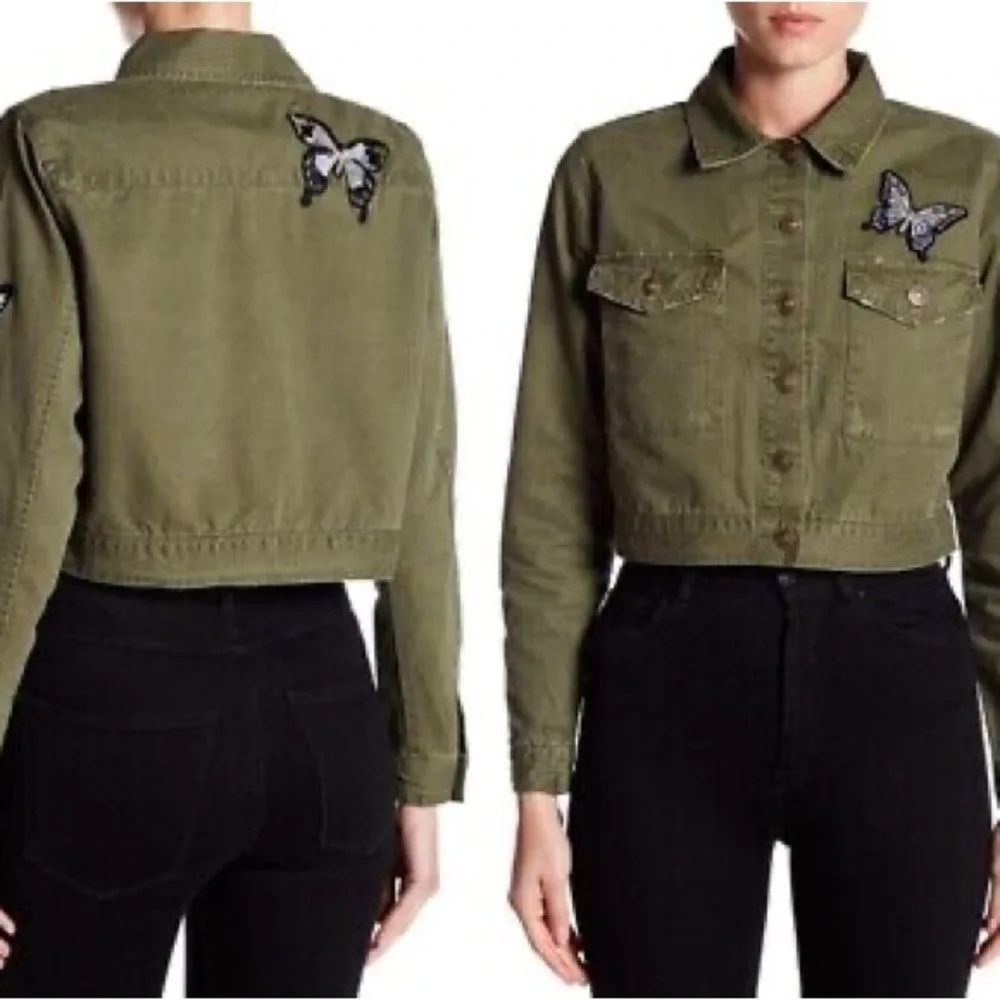 ⭐️ NWT Philosophy Olive Army Green Embroidered Butterfly Cropped Patch Jacket XS